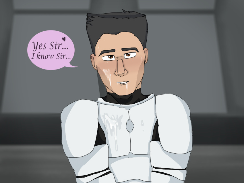 1boy 1male after_sex armor armored_male artist_request black_hair clone_trooper clone_wars clothed clothed_male clothing color cum cum_in_mouth cum_on_body cum_on_face cum_on_upper_body echo_(star_wars) english_text fully_clothed fully_clothed_male gay gay_domination heart human human_only implied_oral implied_sex indoors kneeling kneeling_oral_position light-skinned_male light_skin male male_only malesub military military_uniform oral pov_eye_contact short_hair smile smirk soldier solo_focus speech speech_bubble star_wars star_wars:_the_clone_wars submission submissive submissive_male text the_clone_wars:_season_one yaoi