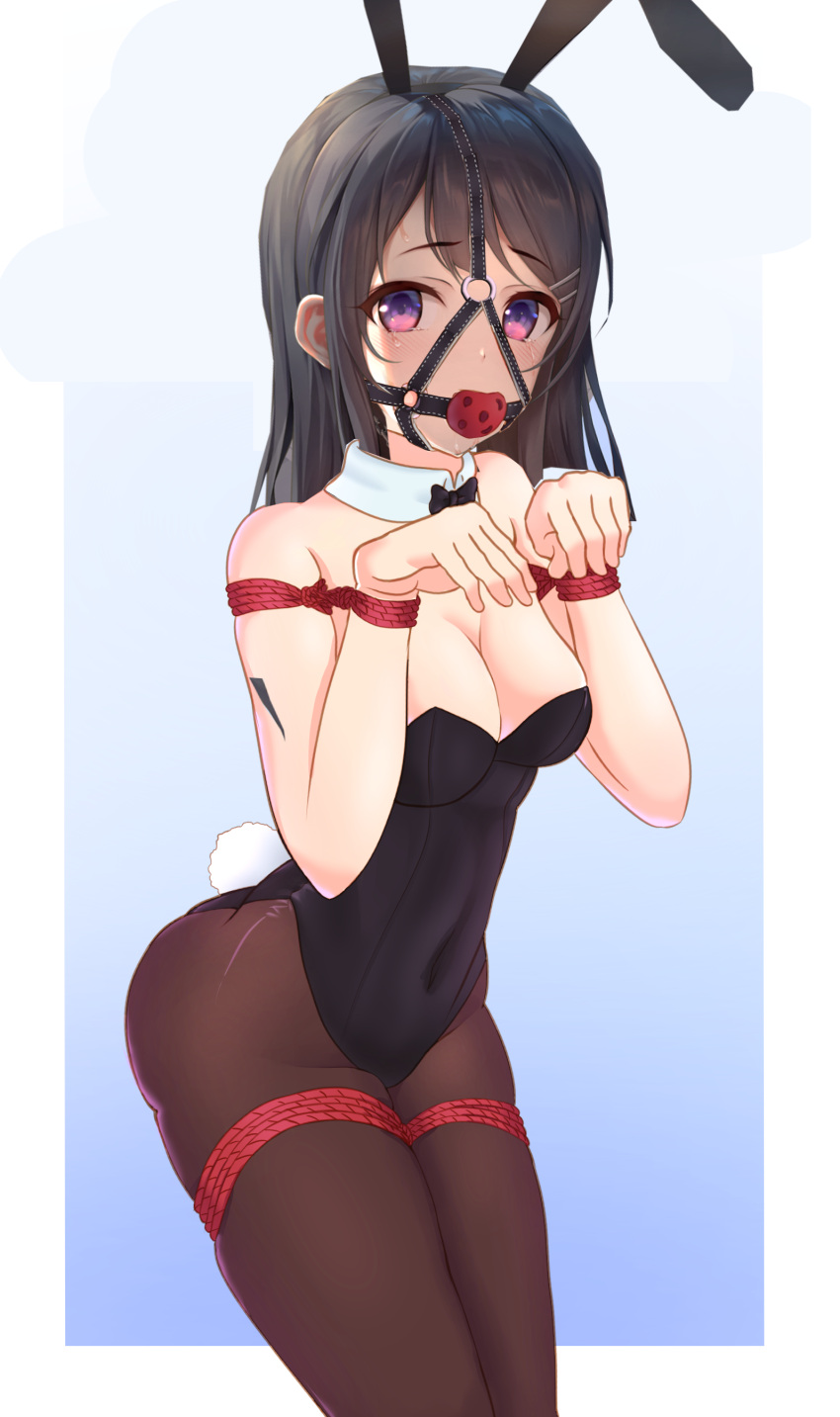 1girls ball_gag bondage bound bow_collar bowtie bunny_ears bunny_tail cleavage female female_only femsub fully_clothed gag harness_gag paw_pose purple_eyes rope rope_bondage sakurajima_mai seishun_buta_yarou_wa_bunny_girl_senpai_no_yume_wo_minai tagme wiffle_ball_gag