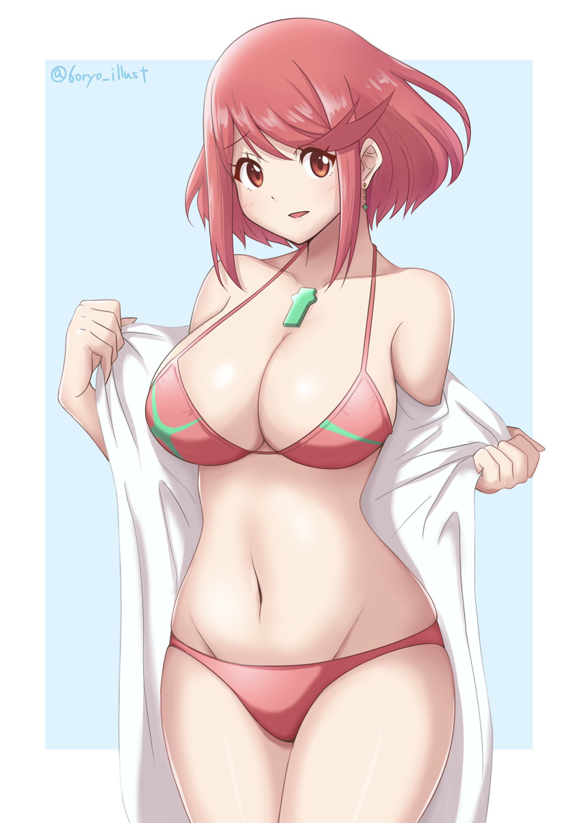 1girls 6oryo_illust alternate_costume bikini breasts ear_piercing female female_only light-skinned_female light_skin nintendo pale_skin pyra red_eyes red_hair short_hair solo solo_female swimsuit xenoblade_(series) xenoblade_chronicles_2