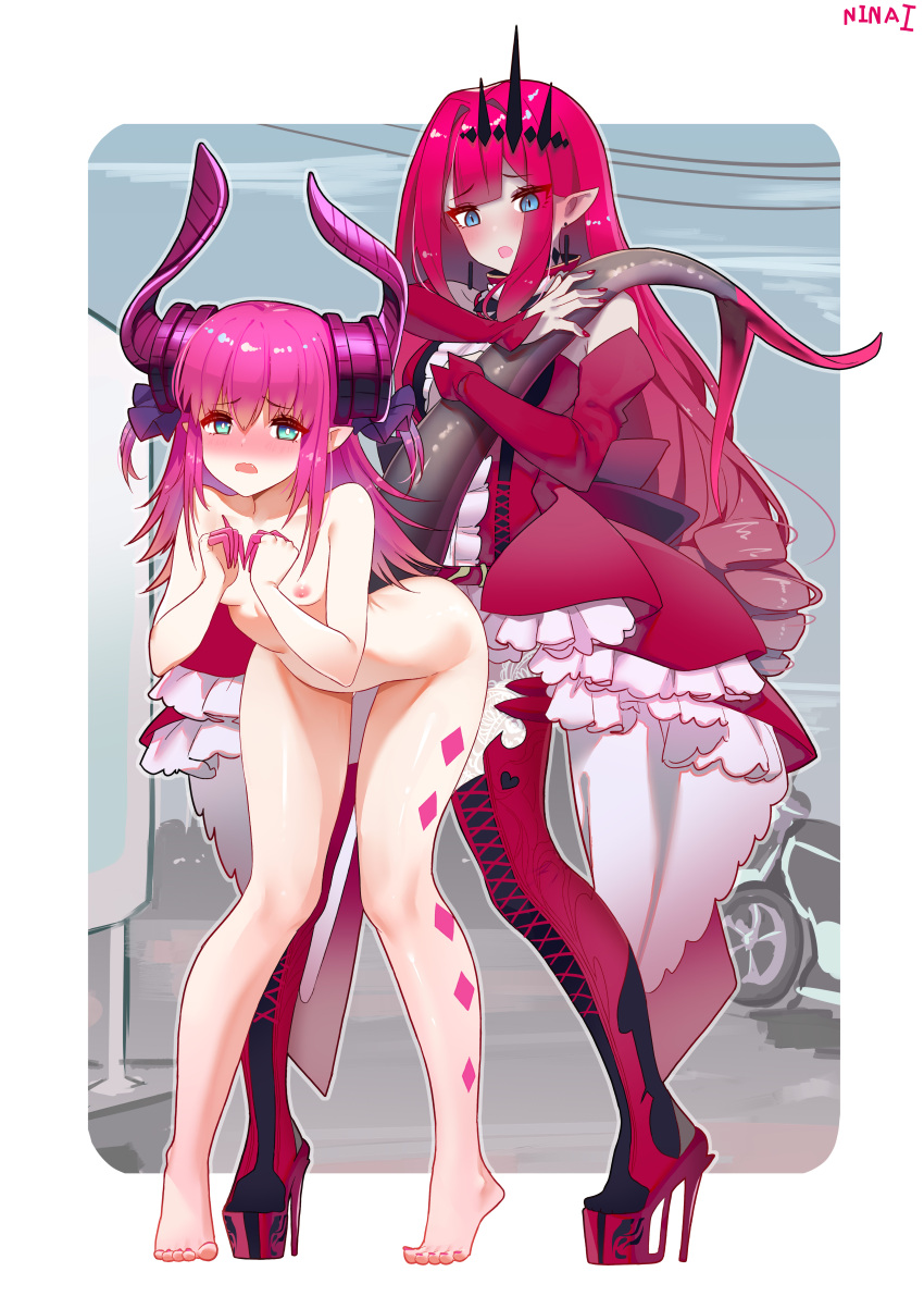 2girls absurdres asymmetrical_horns bare_legs barefoot blue_eyes detached_sleeves dragon_girl dragon_tail dress dress_flower earrings elizabeth_bathory_(fate) fate/extra fate/extra_ccc fate/grand_order fate_(series) feet grey_eyes highres horns jewelry long_hair looking_at_viewer multiple_girls ninai nipples pink_hair pointy_ears red_dress red_nails tail toenail_polish tristan_(fairy_knight)_(fate) yuri