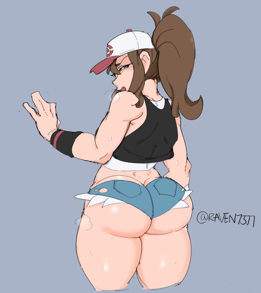 1girls ass ass_cleavage big_ass big_butt blue_eyes brown_hair butt_crack hat hilda_(pokemon) long_hair looking_back minishorts nintendo pokemon pokemon_bw raven7377 shorts solo standing thick_ass thick_thighs thighs tight_clothing