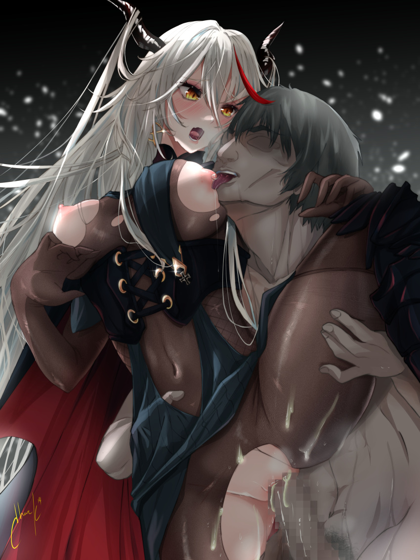 1boy absurdly_long_hair absurdres aegir_(azur_lane) azur_lane bangs big_breasts black_hair black_legwear blush bodystocking breast_curtains breasts breasts_out cape chark14 covered_navel demon_horns erection female highres holding_another horns large_breasts leg_up licking licking_nipple long_hair male_pubic_hair multicolored_hair nipples nude open_mouth pantyhose penis pubic_hair sex spread_legs standing standing_sex streaked_hair thighs tongue tongue_out vaginal_penetration very_long_hair white_hair yellow_eyes