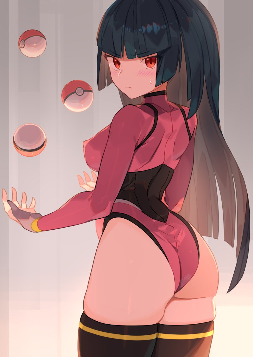 1girls adapted_costume armwear ass bangs black_hair blunt_bangs blush breasts clothed clothing dat_ass erect_nipples erect_nipples_under_clothes female female_only fully_clothed gym_leader hi_res high_resolution highleg highleg_leotard highres human legwear leotard long_hair looking_at_viewer looking_back nintendo nipple_bulge nipples pale_skin poke_ball pokemon pokemon_(game) pokemon_frlg red_clothing red_eyes sabrina_(pokemon) sidelocks simple_background solo solo_female solo_focus spring2013 thick_thighs thighhighs thighs