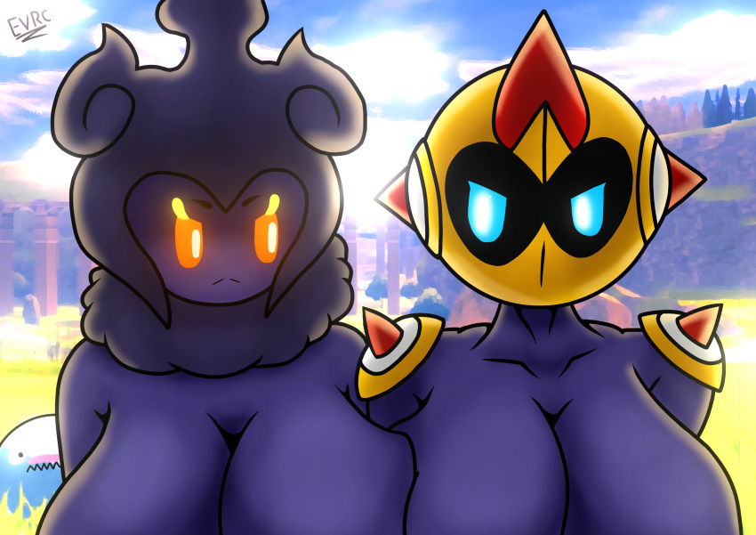 breasts cleavage evrc falinks falinksia_(_evrc_) huge_breasts marshadow marshane_(_evrc_) massive_breasts pokemon shortstack