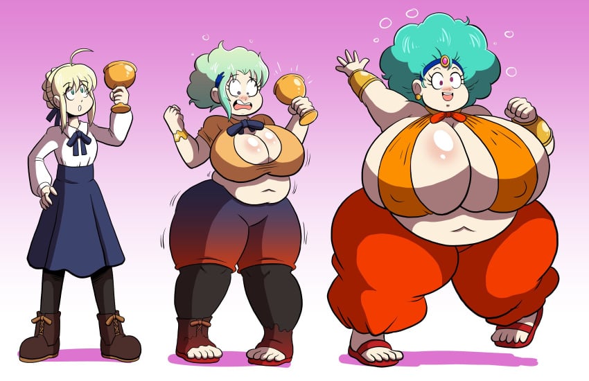 1girls 5_fingers 5_toes afro ahoge artoria_pendragon baggy_pants belly_dancer belly_expansion bimbo bimbofication blonde_hair blue_eyes blue_hair blue_hairband blue_skirt blush boots breast_expansion breasts breasts_bigger_than_head bubbles bulma_(afro) bulma_briefs chalice clothing_transformation confusion dancer dancer_outfit dazed dizzy dizzy_eyes dragon_ball eye_color_change fat fate/grand_order fate/stay_night fate_(series) female female_only hair_color_change hairband holding holding_object holy_grail_(fate) huge_breasts iq_loss mental_transformation nipple_bulge orange_pants overweight pink_eyes prinnydood sandals shounen_jump skirt slightly_chubby transformation weight_gain