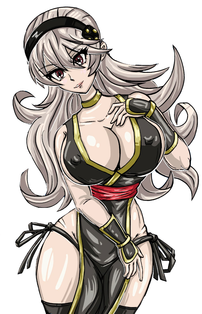 armguards breasts cleavage clothed corrin_(fire_emblem) corrin_(fire_emblem)_(female) cosplay crossover dead_or_alive erect_nipples female female_only fire_emblem fire_emblem_fates fire_emblem_heroes highres huge_breasts kasumi_(doa) kasumi_(doa)_(cosplay) kunoichi large_breasts long_hair looking_at_viewer milf nintendo no_bra no_gloves no_panties platinum_blonde_hair red_eyes redfoil revealing_clothes smile solo tagme white_background