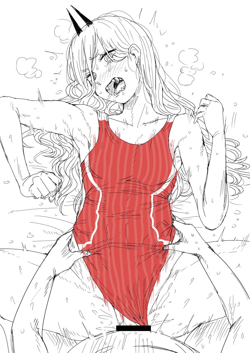 angry angry_sex censored chainsaw_man denji_(chainsaw_man) horns kaiman_garupan line_art long_hair male_pov one-piece_swimsuit open_mouth pov power_(chainsaw_man) sex sharp_teeth small_breasts straight swimsuit swimsuit_aside vaginal_penetration