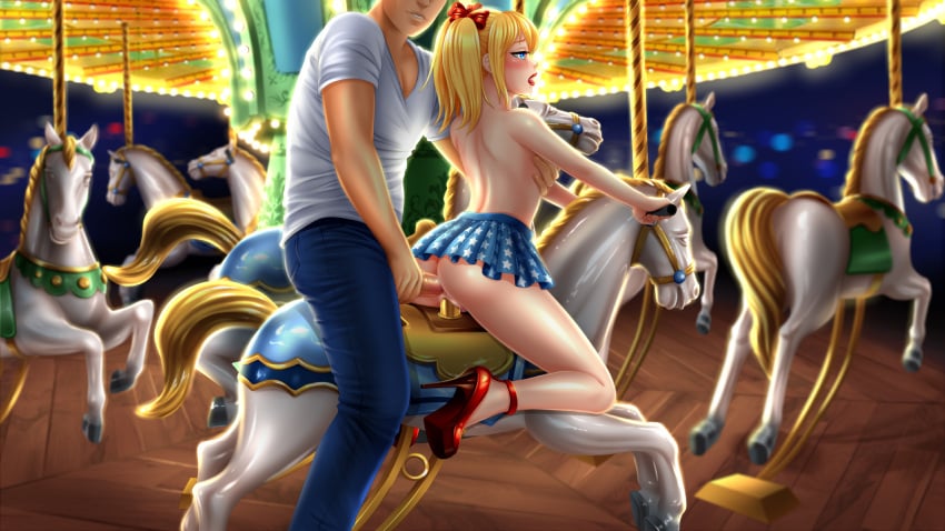 1boy 1boy1girl 1girls anal anal_sex ass blonde_hair blue_eyes breast_grab carousel clothed_male_nude_female dildo dildo_in_pussy dildo_saddle double_penetration exhibitionism fap_ceo functionally_nude hair_ribbon high_heels lizzie_(fap_ceo) miniskirt nutaku penis