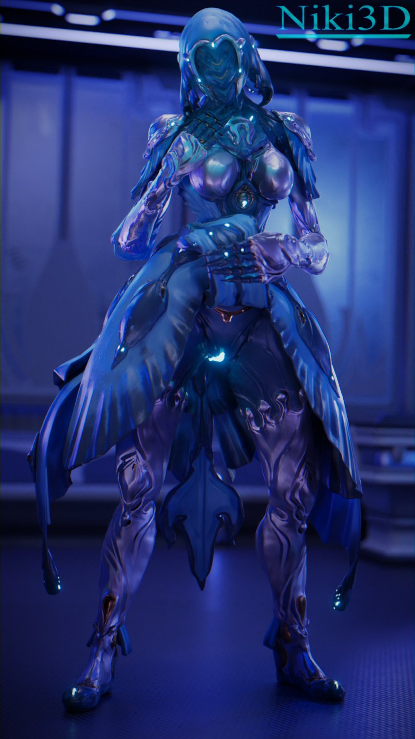 1080p 3d 3d_(artwork) alien_humanoid bioluminescence clothing glowing_genitalia glowing_pussy niki3d presenting presenting_pussy pussy simple_background skirt skirt_lift solo standing warframe yareli_(warframe)