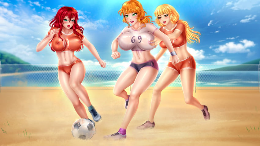 3girls amanda_(fap_ceo) amber_(fap_ceo) areolae beach blonde_hair bodypaint breast_grab breasts brown_eyes enf erect_nipples exhibitionism fap_ceo female female_only female_with_female football green_eyes huge_breasts ingrid_(fap_ceo) multiple_girls nipples nude nutaku painted_clothes pussy red_hair wide_hips