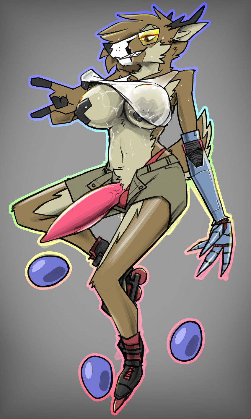 absurd_res anthro antlers big_breasts big_penis bottomwear breasts cervid cervine clothed clothing cybernetic_arm cybernetic_limb cybernetics egg eyewear futanari genitals glasses gynomorph hi_res horn hotpants huge_cock intersex long_penis machine mammal outline panties partially_clothed pasties penis red_(topazknight) rollerskates shirt shorts smile solo tapering_penis thick_penis topazknight topwear underwear useless_clothes water wet wet_clothing wet_shirt wet_topwear