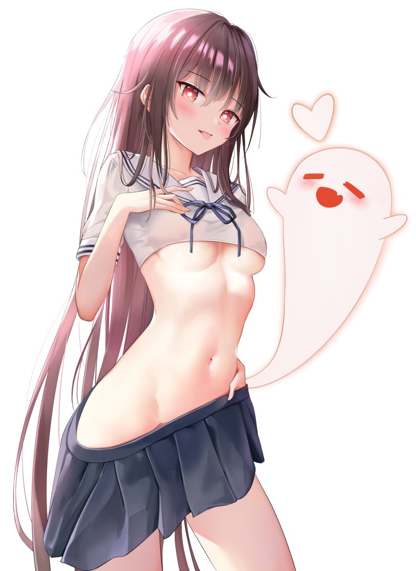 1girls :p blush breasts brown_hair female genshin_impact ghost heart highres hu_tao_(genshin_impact) human looking_at_viewer navel petite rable red_eyes school_uniform skirt skirt_pull small_breasts stomach teasing tongue tongue_out