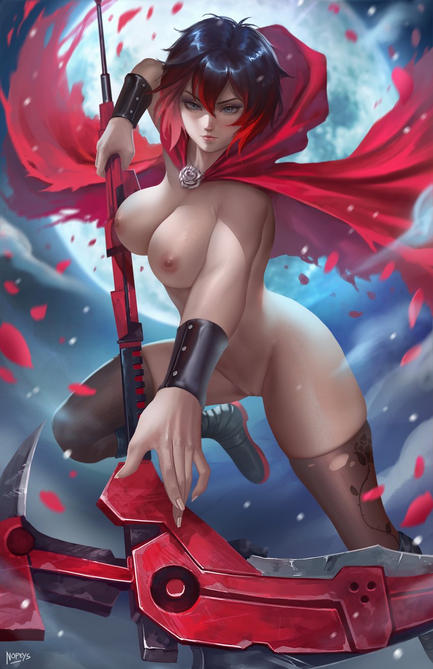 1girls barely_clothed black_hair boots breasts cape clothing female freckles highres human medium_breasts moon mostly_nude multicolored_hair naked nipples nopeys nude nude_female petals red_hair ruby_rose rwby scythe short_hair silver_eyes solo thighhighs two_tone_hair weapon