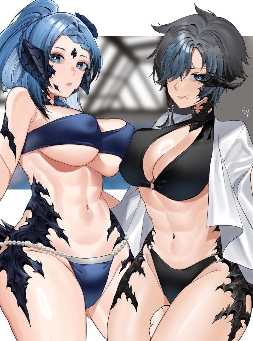 2girls abs au_ra bare_shoulders bikini black_hair blue_eyes blue_hair breasts cleavage final_fantasy final_fantasy_xiv flower hair highres horns large_breasts lilycious looking_at_viewer midriff miu_(dumbxaela) mole multiple_girls navel ponytail scales short_hair smirk swimsuit toned xaela