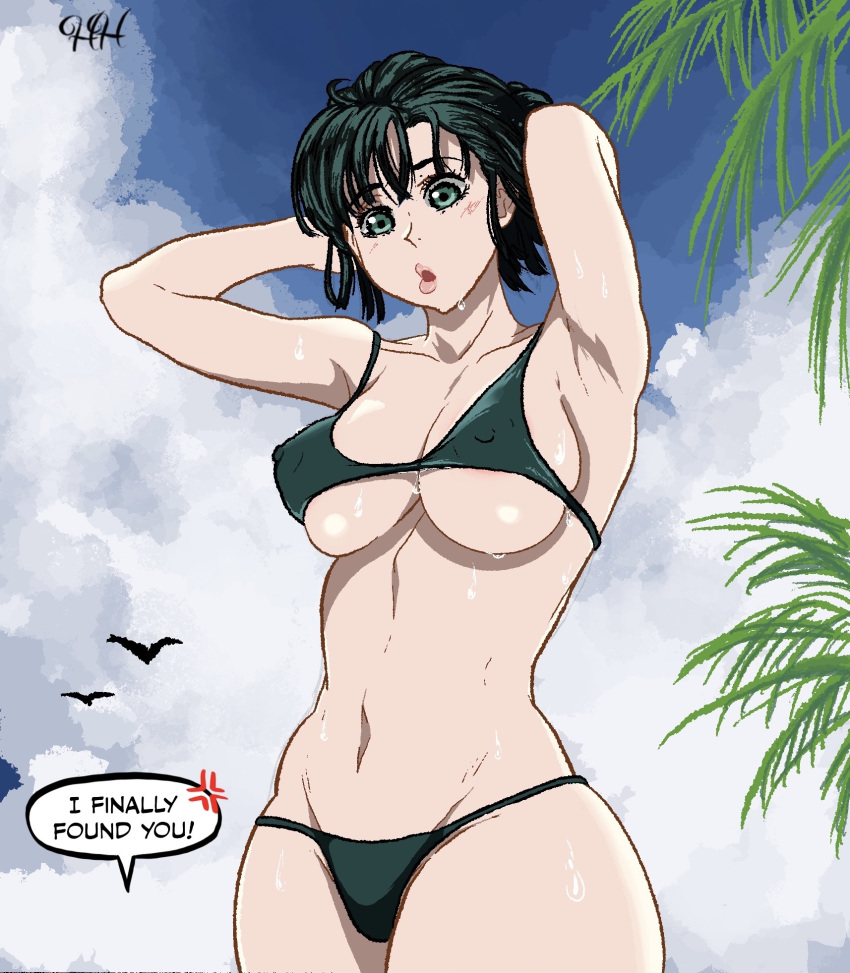 beach big_breasts bikini female fubuki_(one-punch_man) green_hair henryhorny0 one-punch_man posing solo solo_female speech_bubble string_bikini sweating thick_thighs wide_hips