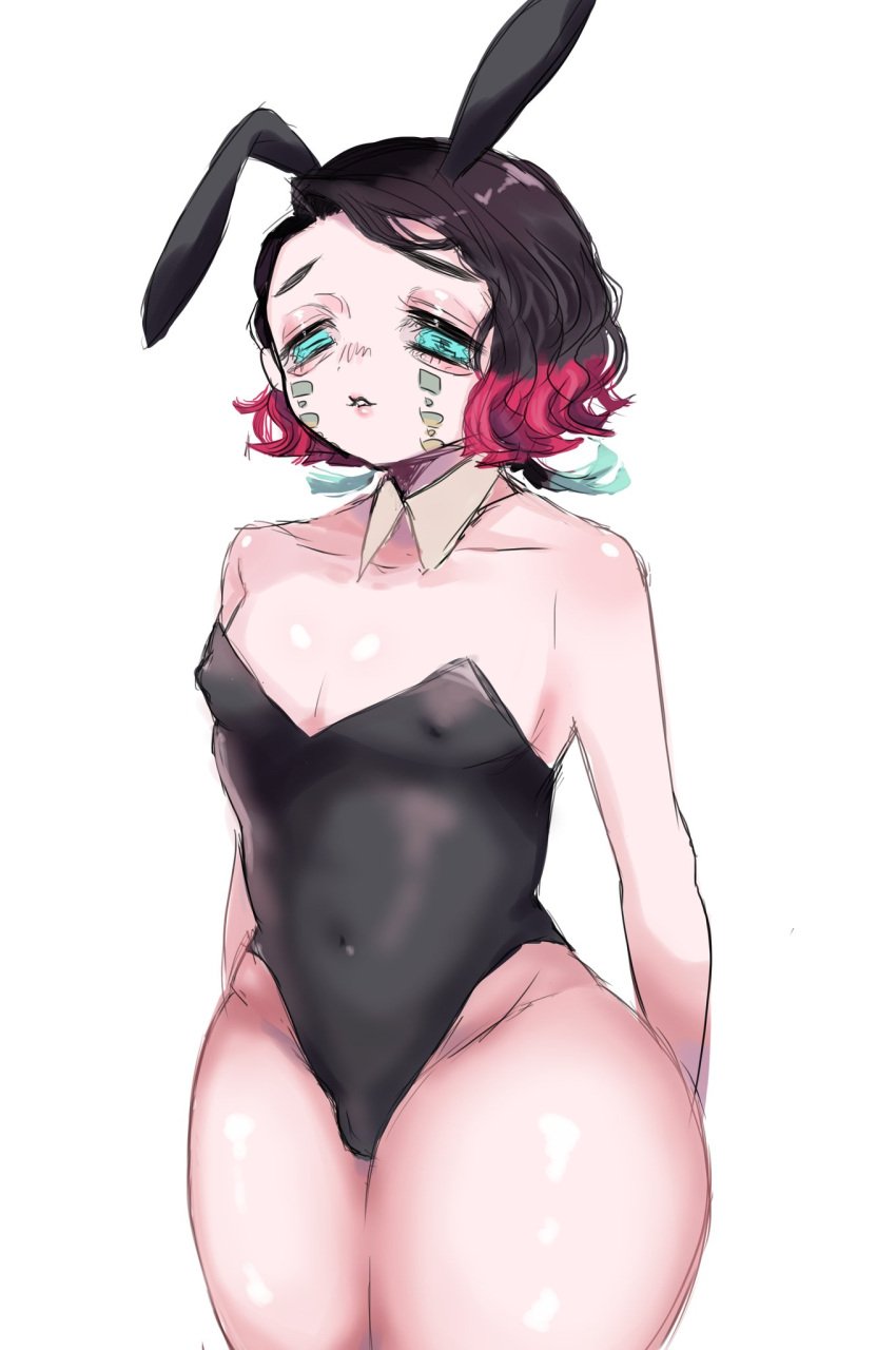 alternate_costume androgynous aqua_eyes black_hair bunny_ears bunnysuit demon_slayer enmu facial_markings femboy kimetsu_no_yaiba male male_only multicolored_hair pumu_nui short_hair solo thick_thighs thunder_thighs wide_hips