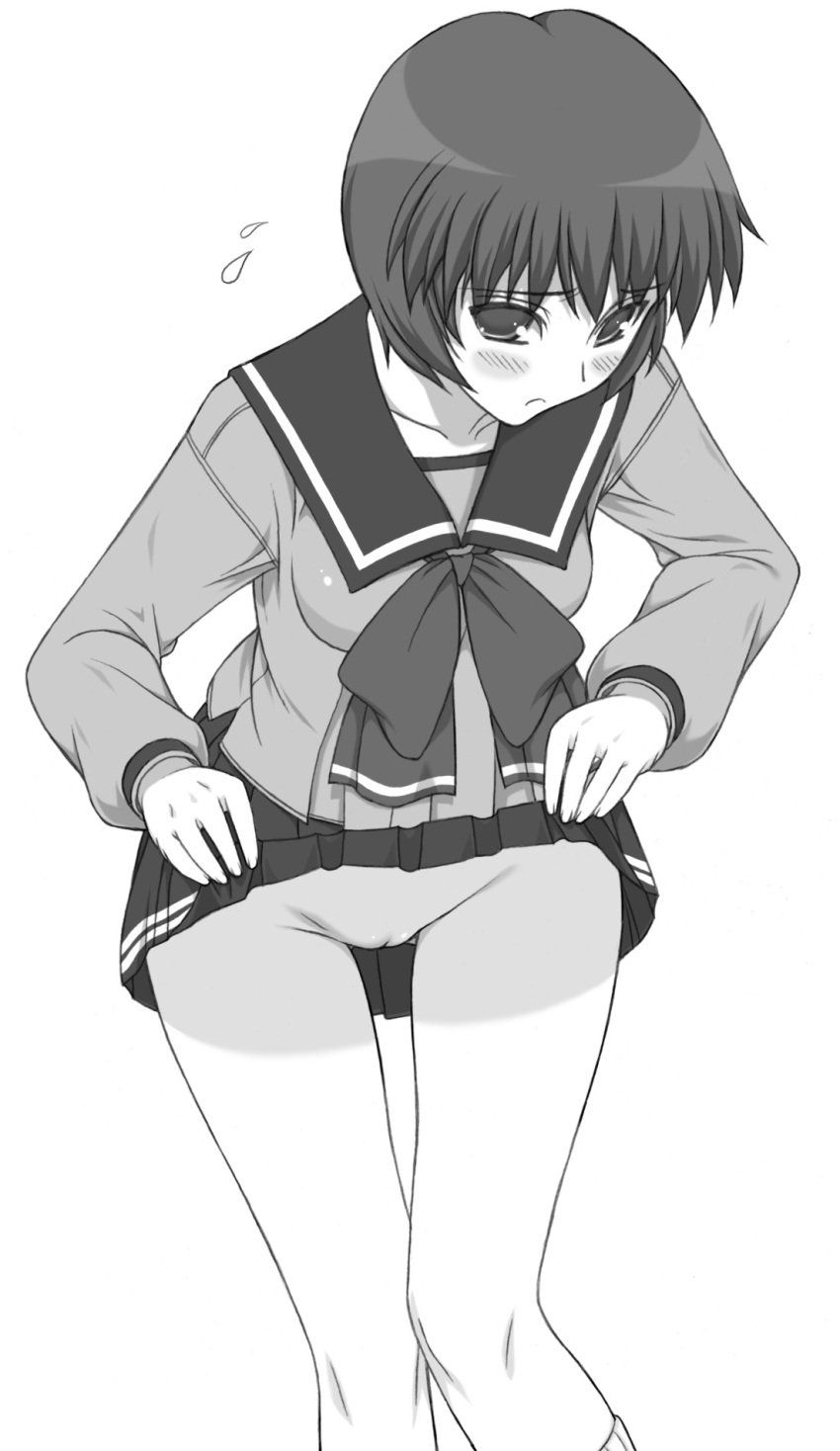 blush clothing high_resolution monochrome nagaoka_shiho no_panties pussy school_uniform serafuku shaved_pussy shichimenchou short_hair skirt skirt_lift to_heart to_heart_(series) uncensored