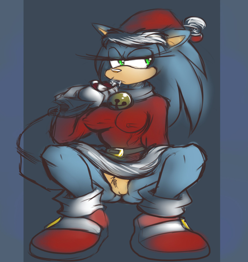 anthro beige_skin bell blue_fur blue_hair bottomless christmas clothes color female female_only footwear front_view fur furry furry_ears green_eyes hair hat hedgehog looking_left mel_the_hybrid open_eyes pointy_ears pussy rule_63 santa_hat shoes solo sonic_(series) sonic_the_hedgehog sonic_the_hedgehog_(series) squatting sucking vulva