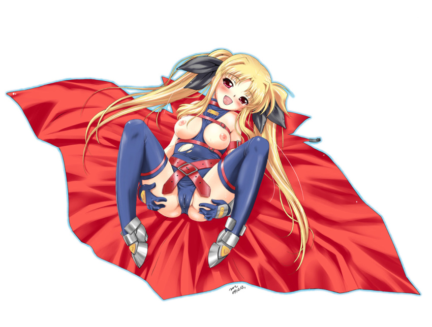 between_breasts blonde_hair blush boots breasts cameltoe cape clothes_between_breasts fate_testarossa gloves hair_ribbon long_hair lyrical_nanoha mahou_shoujo_lyrical_nanoha nanjou_asuka nipples red_eyes ribbon spread_legs thighhighs tied_hair torn_clothes twintails very_long_hair