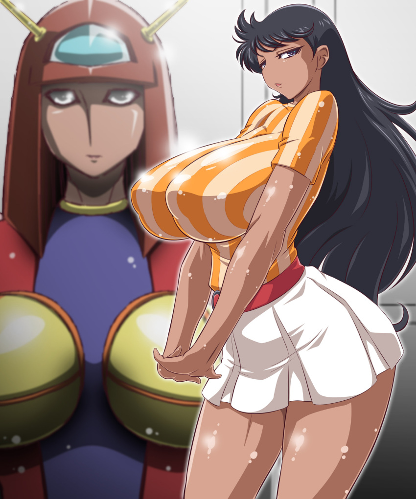 1girls 2015 areolae big_breasts black_hair breasts brown_eyes curvaceous dark-skinned_female dark_skin female great_mazinger huge_breasts human jun_hono large_breasts long_hair looking_at_viewer mazinger mecha shirt skirt standing thick_thighs venus_a wide_hips yukimaru_(gojo)