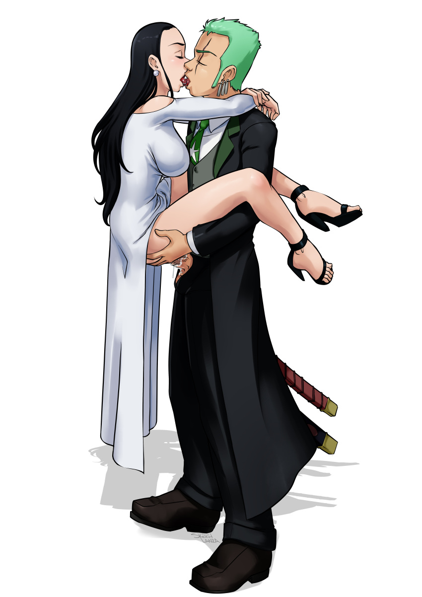 1boy 1girls black_hair closed_eyes clothed clothed_sex dress female formal_wear green_hair high_heels just_married kissing male nico_robin one_piece roronoa_zoro sex sketchlanza stand_and_carry_position standing_sex straight tagme