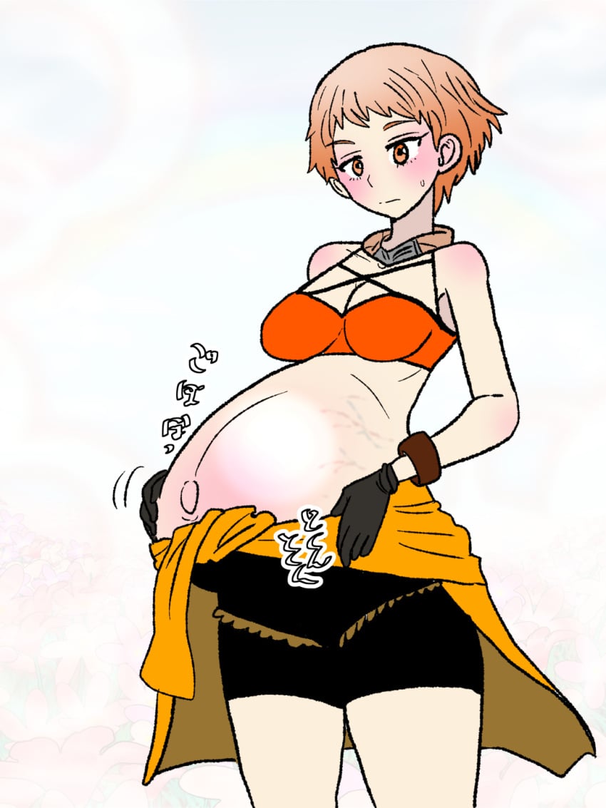 1girls alternate_costume bikini fire_emblem fire_emblem:_three_houses fire_emblem_heroes gloves kuroihi_(kuroihitsuji) leonie_pinelli leonie_pinelli_(summer) medium_breasts nintendo orange_bikini orange_eyes orange_hair orange_swimsuit pregnant short_hair short_orange_hair solo solo_female swimsuit tomboy