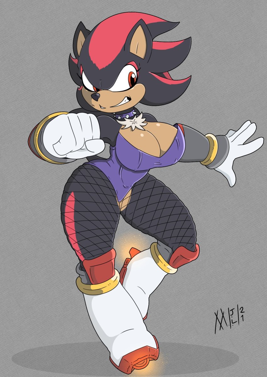 boob_window cleavage female fishnets furry genderswap hedgehog large_breasts meatboom red_eyes rule_63 sega shadow_the_hedgehog solo solo_female sonic_(series) sonic_the_hedgehog_(series) spiked_collar