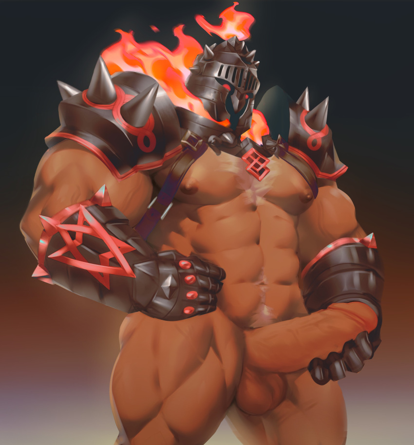 1boy abs absurdres armor bara bare_pectorals bottomless bozi bozi_(17030417) chest_hair chest_harness erection fight_boner fire gauntlets glowing glowing_eyes harness helmet highres large_pectorals large_penis male male_focus male_masturbation male_only male_pubic_hair masturbation muscular muscular_male navel navel_hair nipples nude pauldrons pectorals penis pubic_hair red_eyes shoulder_armor solo stomach surtr_(tokyo_afterschool_summoners) thick_thighs thighs tokyo_afterschool_summoners tokyo_houkago_summoners uncensored