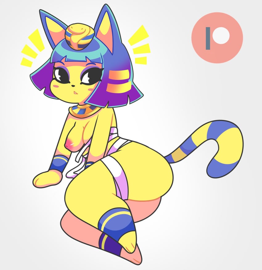 1girls animal_crossing ankha ass big_breasts blue_hair breasts cat_ears cat_girl cat_tail feline female female_only nintendo nipples onigiri_punch solo tagme yellow_fur