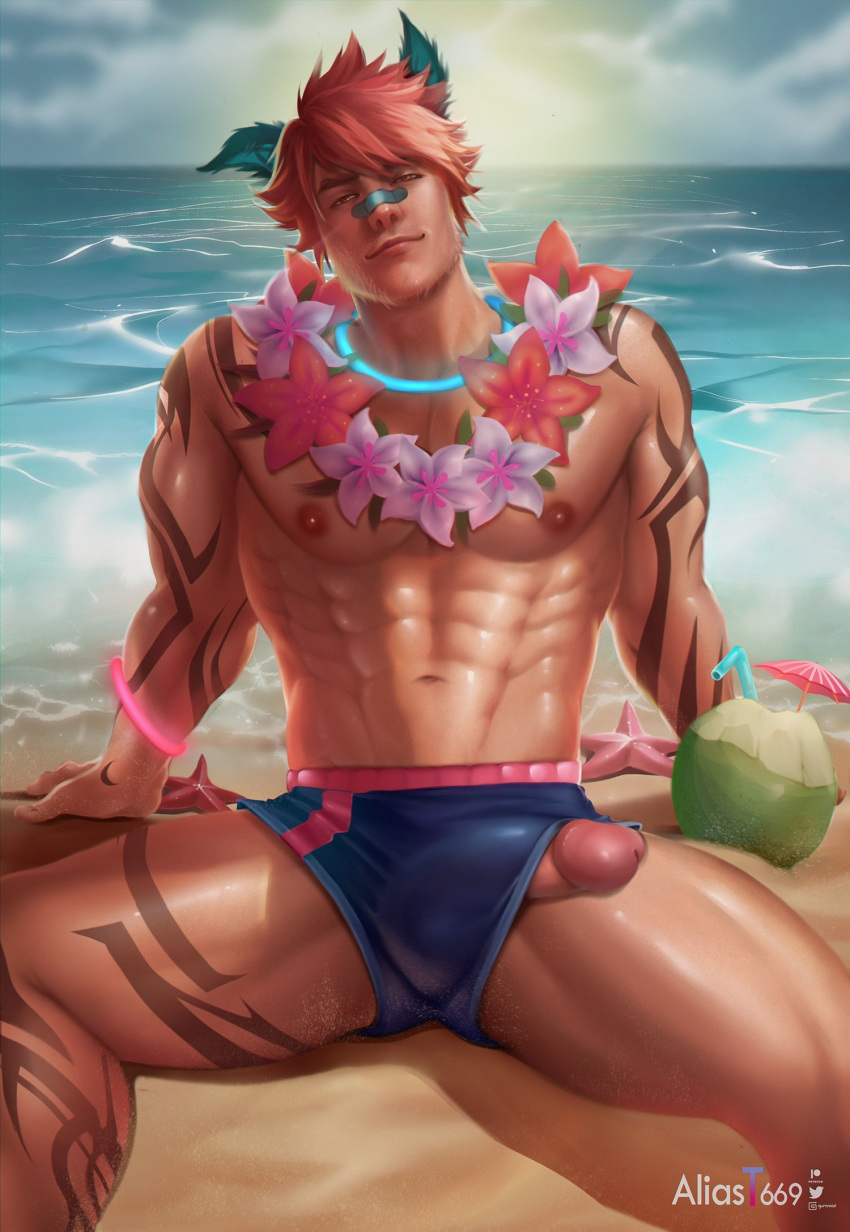 1boy abs aliast669 animal_ears arm_tattoo bandaid bandaid_on_nose bara bare_pectorals beach blue_male_swimwear bulge coconut dark-skinned_male dark_skin erection erection_under_clothes feet_out_of_frame flower flower_necklace gay head_tilt highres jewelry kemonomimi_mode large_pectorals league_of_legends leg_tattoo looking_at_viewer male male_focus male_only male_swimwear muscular muscular_male navel necklace nipples official_alternate_costume orange_hair outdoors pectorals penis_peek pool_party_series pool_party_sett reward_available sand sett short_hair solo spread_legs stomach sunset swim_briefs tattoo thick_thighs thighs uncensored