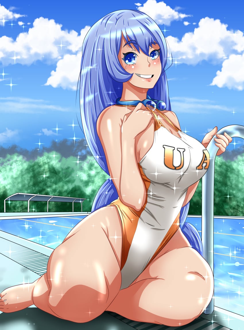 1girls 2021 absurd_res big_breasts blue_eyes blue_hair breasts female_only hi_res highres long_hair my_hero_academia nejire_hado one-piece_swimsuit pool puredarkness500 smile smiling swimsuit thick_thighs water wide_hips