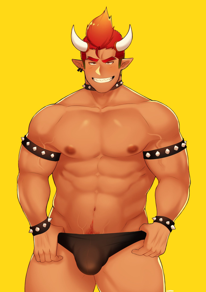 1boy 5_fingers abs anthro areola areolae balls_bulge bara barazoku belly_button biceps black_briefs black_underwear bowser bracelet bracelets briefs bulge clayten dark-skinned_male dark_skin earrings hair horns human humanized looking_at_viewer male male_focus male_only manly mario_(series) muscle muscles muscular muscular_male nintendo nipples pecs pectorals penis_bulge piercing pointy_ears pubes pubic_hair red_eyes red_hair red_pubic_hair sharp_teeth shell short_hair simple_background six_pack smile smiling solo solo_focus solo_male spiked_bracelet spiked_collar spikes spiky_ears spiky_hair spiky_shell standing tagme tank_top teeth underwear vein veiny video_games yellow_background