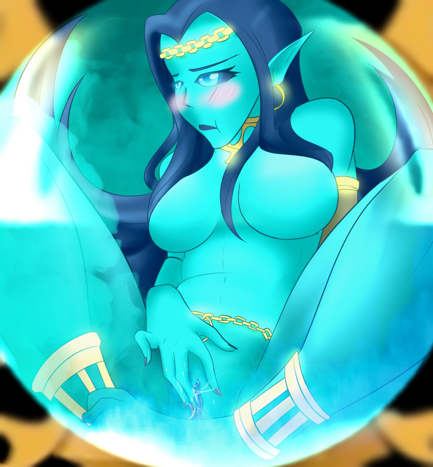 1girls arabian_mythology asian_mythology blue_eyes blue_hair blue_skin djinn eastern female filthydungeons genie jinn_(rwby) lamp masturbation middle_eastern_mythology mythology rwby trapped