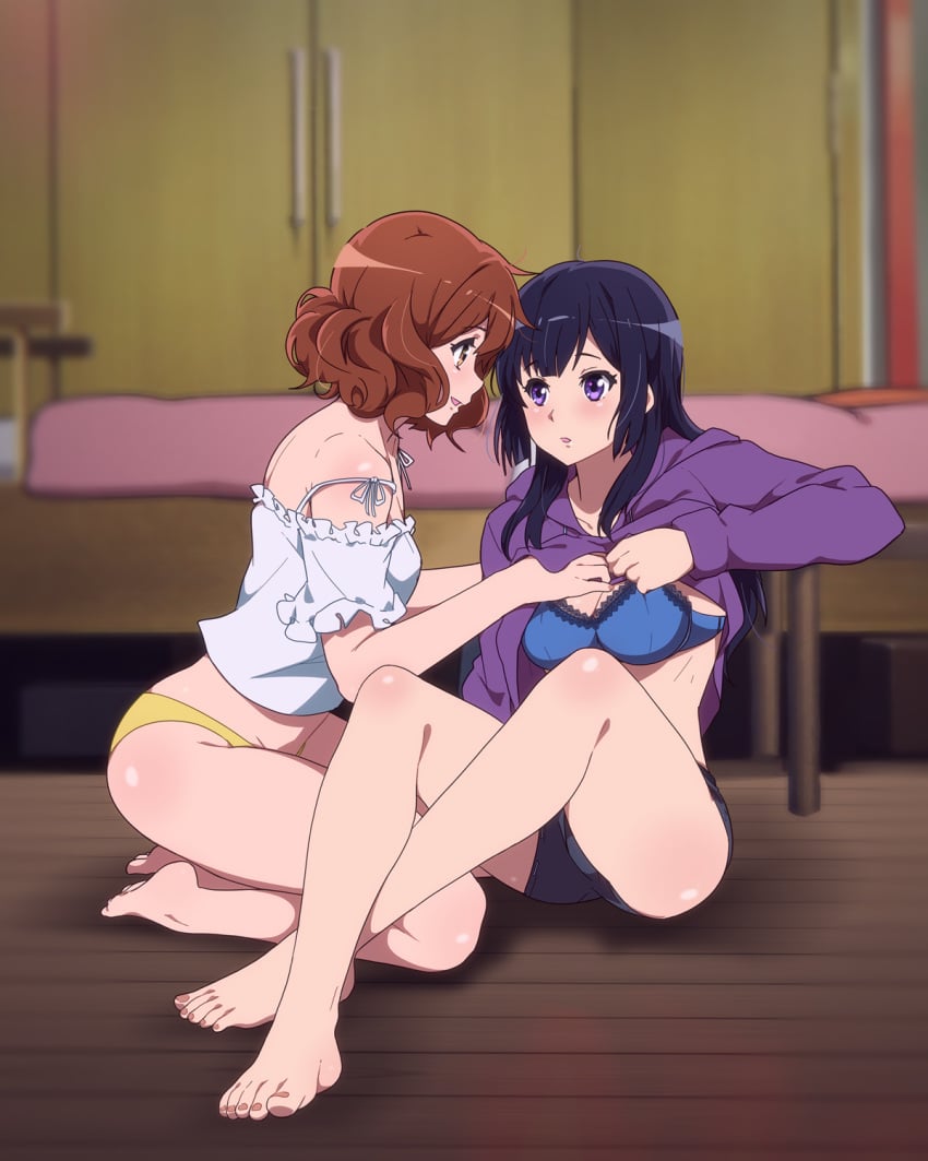 2girls ass barefoot blouse blush bra clothing crossed_legs female female_only female_protagonist grabbing_breasts hibike!_euphonium kousaka_reina long_hair looking_at_another on_knees open_mouth oumae_kumiko panties pullover_lift purple_eyes purple_hair sitting tagme underwear undressing yuri