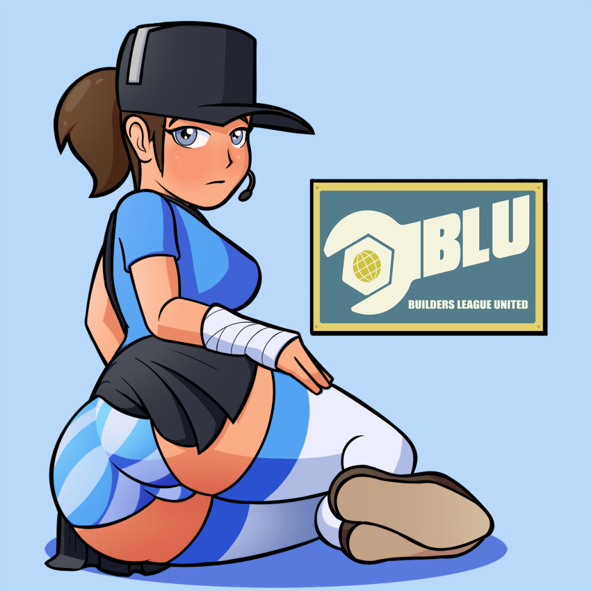 1girl 1girls 2020s 2021 ass black_bottomwear black_headwear black_skirt blue_background blue_clothing blue_eyes blue_topwear brown_hair butt cap female female_only female_scout femscout hat headset infrayellow insignia light-skinned_female light_skin mercenary panties rear_view rule_63 scout shimapan shiny_hair shiny_skin shoes simple_background skirt solo solo_female strong_tomboy_(spectrum) t-shirt team_fortress_2 teenage_girl teenager tomboy two_tone_socks_(blueandwhite) two_tone_underwear two_tone_underwear_(blueandwhite) upskirt valve valve_(company) video_game video_game_franchise western_art