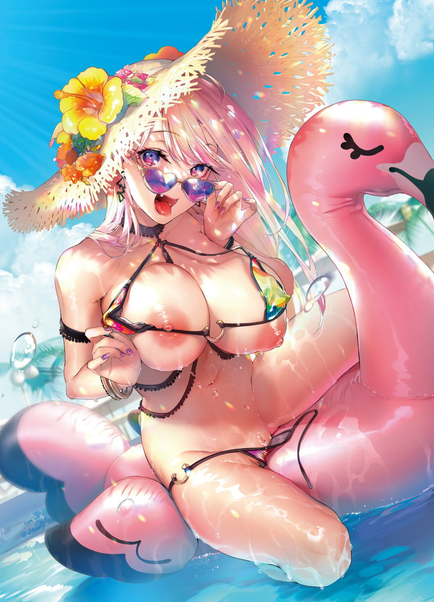 between_breasts bikini bikini_aside bikini_lift bikini_pull bird blonde_hair breast_press breast_squeeze breasts clothes_lift clothes_pull comic_kairakuten_beast female flamingo floating floating_object hat highres innertube large_breasts looking_at_viewer naughty_face navel nipples oerba_yun_fang open_mouth original partially_undressed pyon-kichi spread_legs straddling sun_hat sunlight swimsuit thighs tongue tongue_out undersized_clothes wet wet_clothes wet_swimsuit