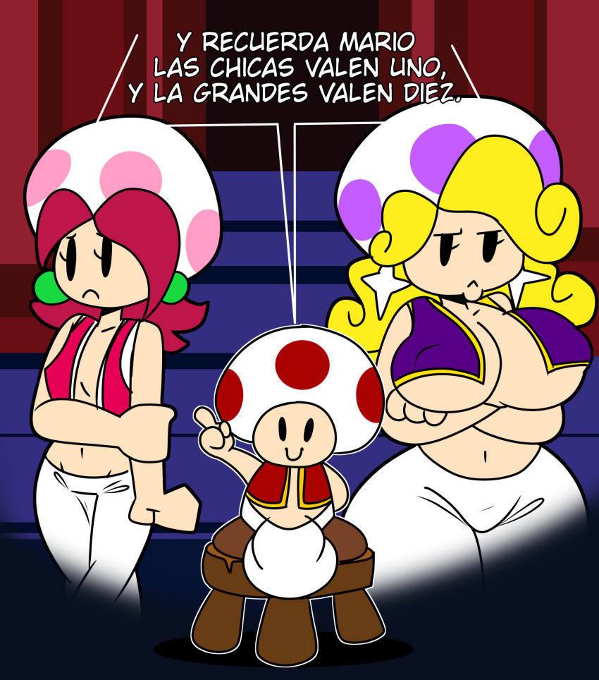 1boy 2girls bare_shoulders big_breasts big_penis black_eyes blonde_hair breast_size_difference breasts earrings flooor ha_broma horaco humanoid larger_female leyendasyvideojuegos light-skinned_female light-skinned_male light_skin marcos_(rangugamer) mario_(series) mushroom mushroom_humanoid nintendo no_nose pants penis_bulge prostitute prostitution rangugamer shoulder_length_hair small_breasts small_but_hung smaller_male spanish_text star_earrings super_mario_rpg text thehoraco thick thick_hips thick_thighs toad_(mario) vest white_pants wide_hips