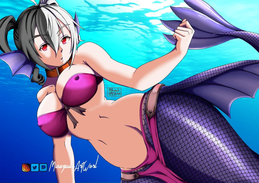 ahoge big_breasts black_hair blue_scales bra breasts collar erect_nipples eyebrows_visible_through_hair female female_only fins hair_between_eyes indie_virtual_youtuber jpeg large_breasts loincloth mermaid mermaid_tail midriff multicolored_hair murmaider navel nipples nipples_visible_through_clothing pink_bra pink_loincloth purple_tail red_eyes split-color_hair twin_drills twintails twitch twitch.tv underwater virtual_youtuber water white_hair