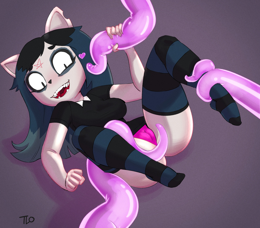 1girls anthro black_hair black_skirt breasts cameltoe cat_ears claire_(the_summoning) clothing feline female goth long_hair open_mouth panties partially_clothed pentagram pink_panties purple_tentacles restrained shirt solo spread_legs stockings striped_legwear tagme teelokay_(artist) tentacle tentacle_grab tentacle_sex the_summoning thighhighs thighs