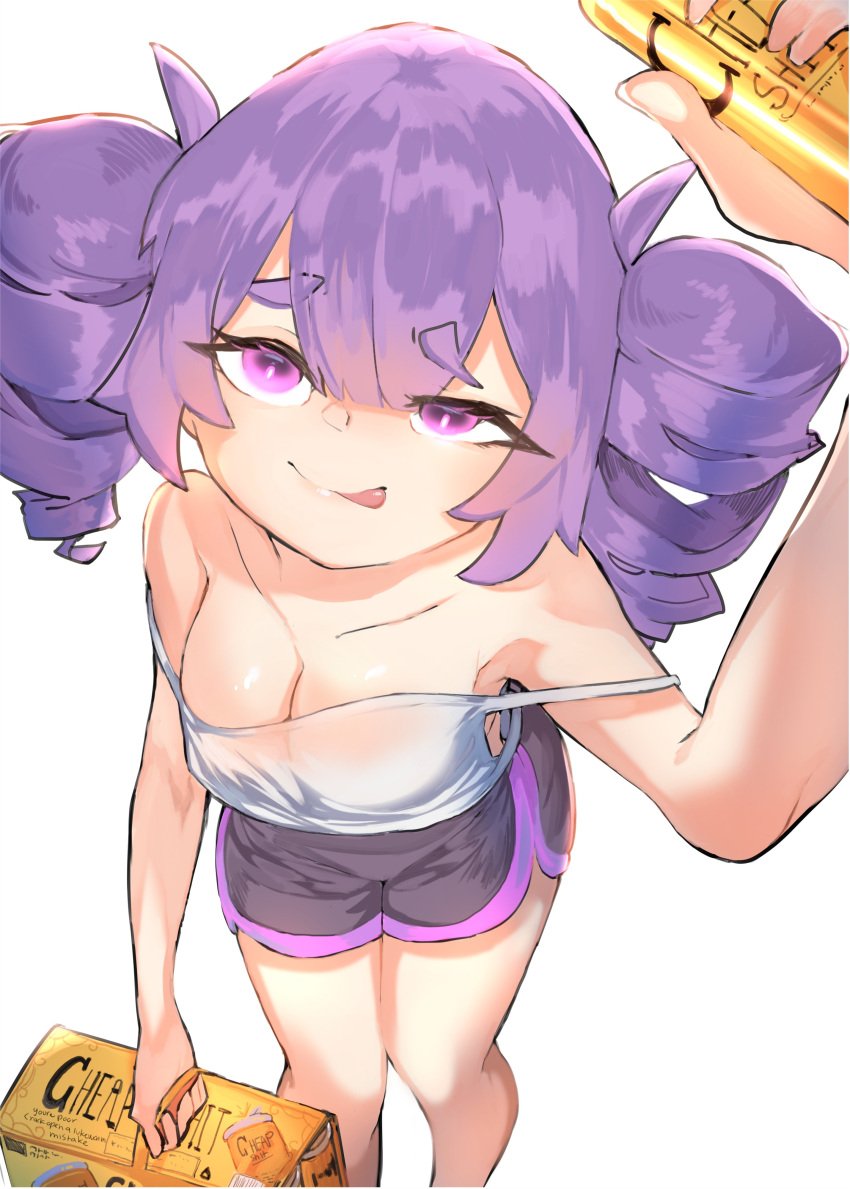 biting_lip looking_at_viewer looking_up nipples_visible_through_clothing otachan otakuvs purple_eyes purple_hair rinbinto sweat the_otachan_show twintails visible_nipples