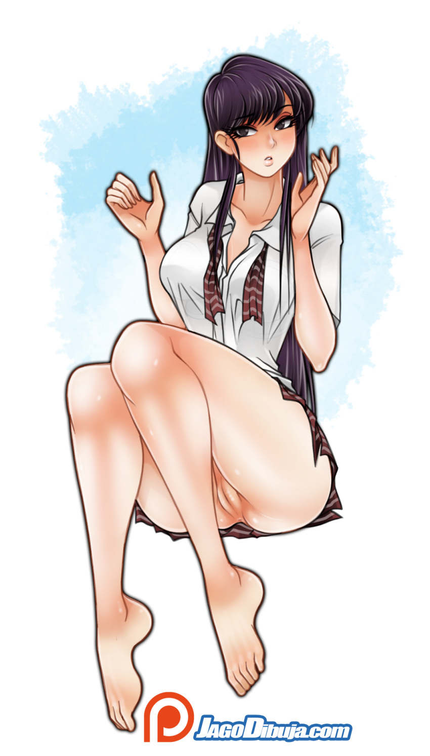 5_fingers 5_toes barefoot black_hair breasts dark_hair feet female female_only jago_dibuja komi-san_wa_komyushou_desu komi_shouko lips long_hair looking_at_viewer no_panties pussy sitting skirt solo_female tagme thick_thighs tie_around_neck unbuttoned_shirt vagina