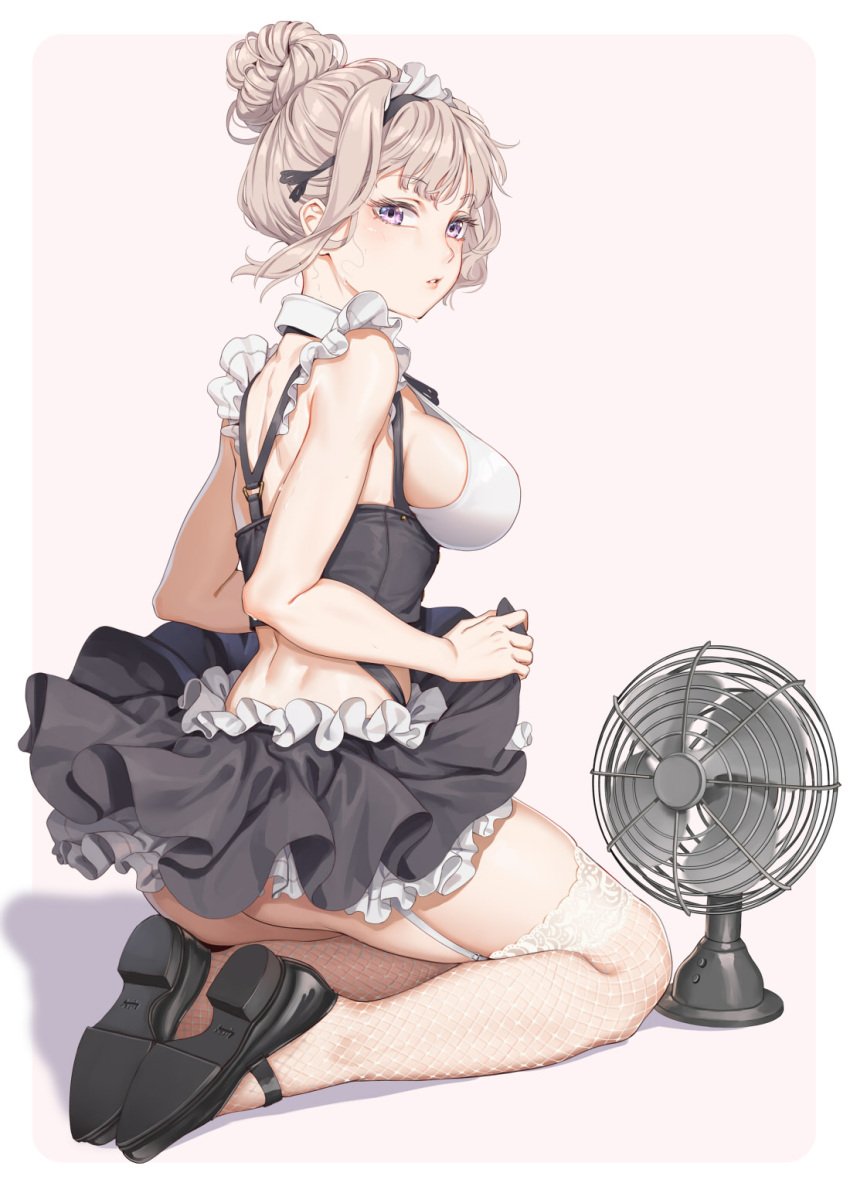 back bare_arms bare_shoulders black_footwear black_skirt breasts clothes_lift cooling_off crop_top detached_collar electric_fan fan fangxiang_cuoluan female fishnet_legwear fishnets frilled_shirt frills garter_straps grey_hair highres large_breasts lifted_by_self looking_at_viewer maid maid_headdress mary_janes midriff miniskirt original parted_lips purple_eyes revealing_clothes shirt shoes simple_background skirt skirt_lift sleeveless sleeveless_shirt solo sweat thighhighs thighs tied_hair underbust white_background zettai_ryouiki