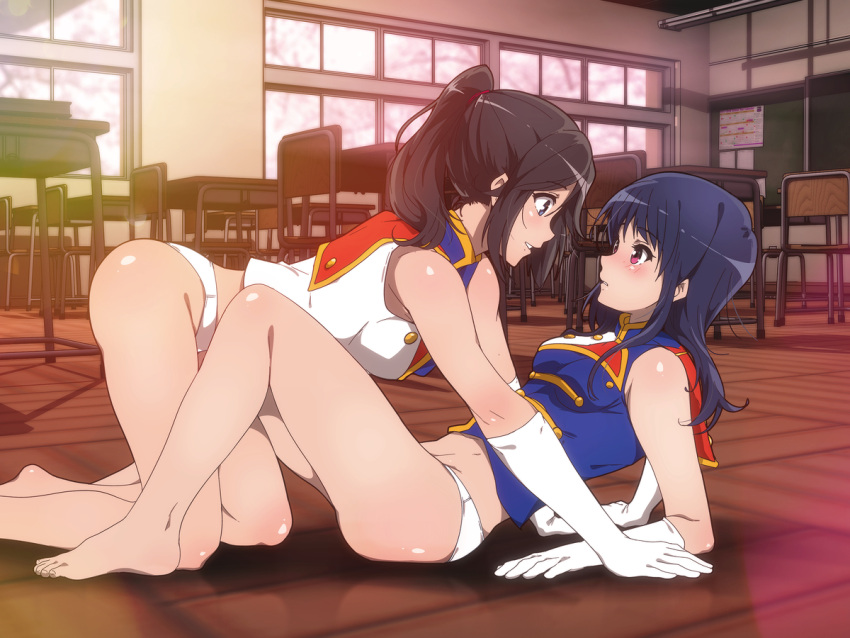 2girls about_to_kiss ass bare_shoulders barefoot blush clothing female female_only gloves hibike!_euphonium kousaka_reina laying_down legs_held_open long_hair looking_at_another on_all_fours on_back on_knees open_mouth panties purple_eyes purple_hair school school_uniform smile tagme teenager uniform white_gloves white_panties yoroizuka_mizore yuri