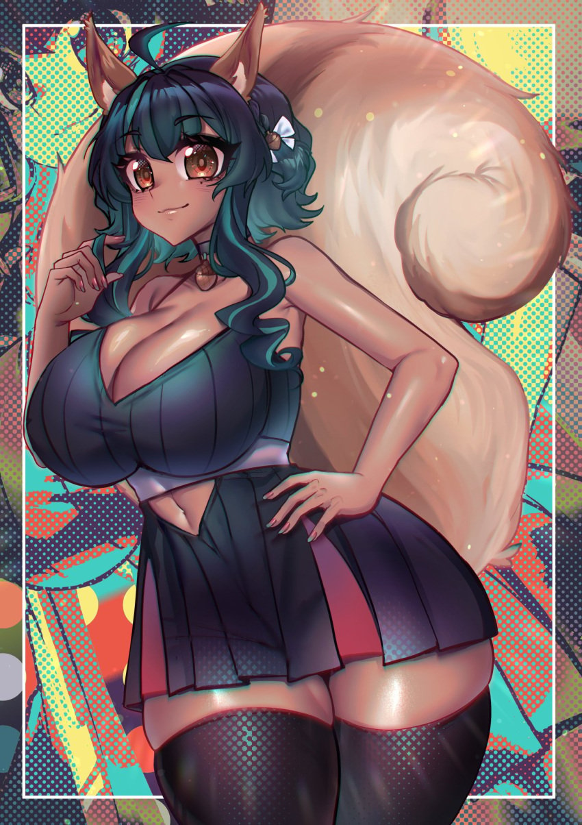 big_breasts curvy dark-skinned_female dark_skin hand_on_hip huge_breasts looking_at_viewer miniskirt mole_under_eye osiimi short_hair sif_avellana squirrel_ears squirrel_tail thick_thighs thighhighs virtual_youtuber