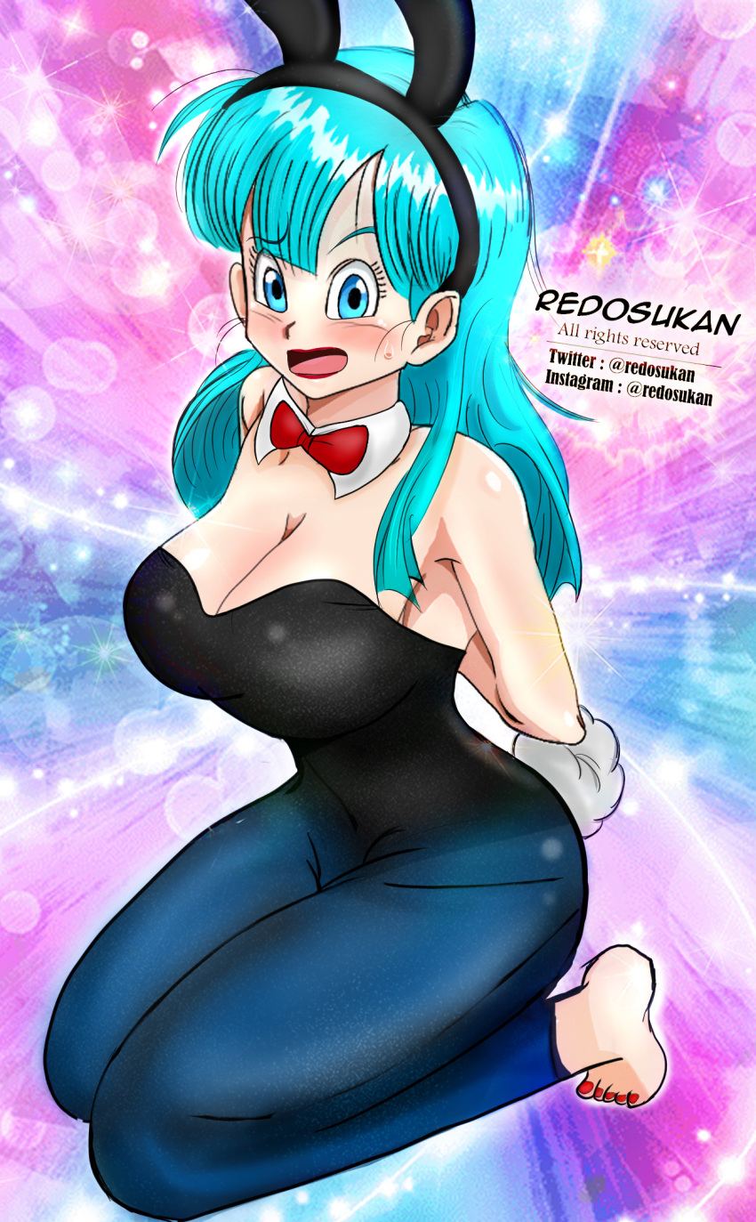 artist_name blue_eyes blue_hair blush breasts bulma_(bunny) bulma_briefs bunny_costume bunny_ears bunny_girl bunny_tail bunnysuit copyright_name dragon_ball dragon_ball_super dragon_ball_z redosukan teenager