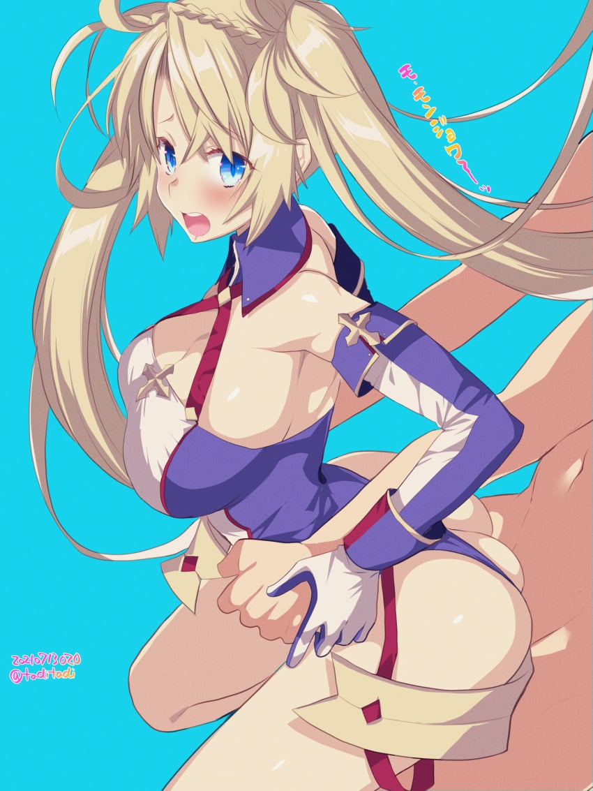 1boy ass bangs bare_shoulders blonde_hair blue_background blue_eyes blue_gloves blue_leotard blush bradamante_(fate) braid breasts cleavage clothed_female_nude_male clothed_sex crown_braid elbow_gloves fate/grand_order fate_(series) faulds female gloves highleg highleg_leotard highres large_breasts leotard long_hair looking_at_viewer nude open_mouth sex skindentation standing standing_sex straight tajima_yoshikazu thigh_strap thighs translation_request twintails two-tone_gloves two-tone_leotard very_long_hair white_gloves white_leotard