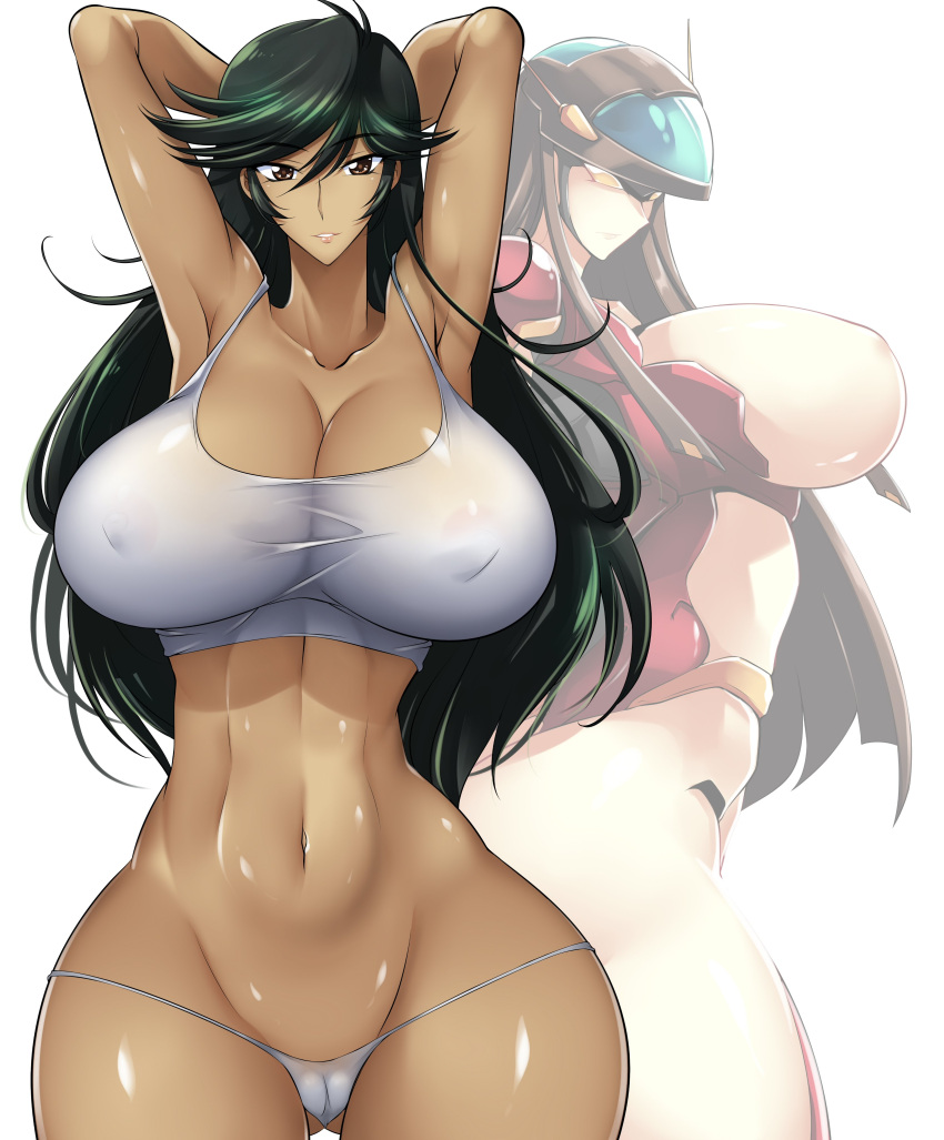 2020 2girls abs big_breasts black_hair breasts brown_eyes curvaceous dark-skinned_female dark_skin female great_mazinger haganef huge_breasts human humanoid jun_hono large_breasts long_hair looking_at_viewer mazinger mecha multiple_girls panties robot robot_girl thick_thighs topwear venus_a voluptuous wide_hips