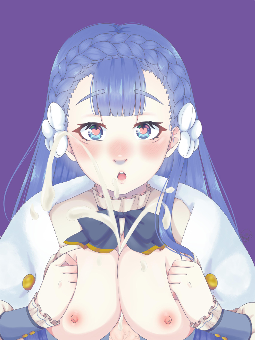 1girls bangs blue_eyes blue_hair blush breasts breasts_out cum cum_between_breasts cum_on_breasts cum_on_face cumshot ejaculation fire_emblem fire_emblem_echoes:_shadows_of_valentia flower hair_flower heart-shaped_pupils large_breasts long_hair nekihiro nintendo nipples open_mouth paizuri pov rinea_(fire_emblem) solo_female solo_focus