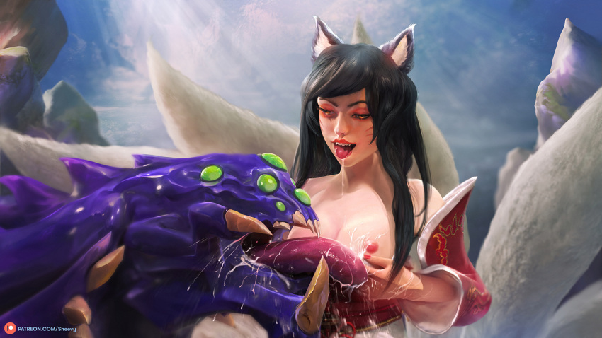 ahri baron_nashor breasts fox_ears fox_girl fox_tail happy league_of_legends licking milk milking nipples sheevy tongue