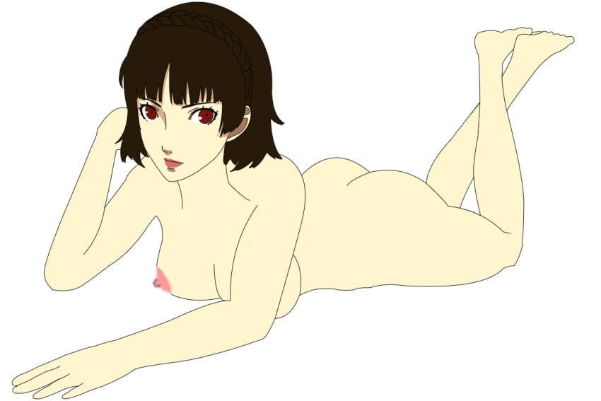 1girls arthur4272 ass atlus breasts brown_hair censored censored_nipples female light_skin lipstick looking_at_viewer makoto_niijima naked nipples nude persona persona_5 red_eyes short_hair solo white_background